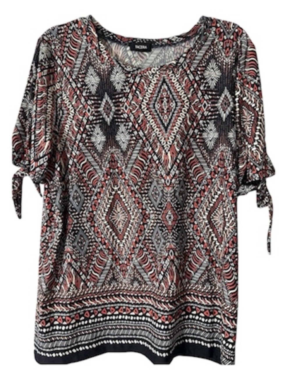 Tacera Tunic Top Scoop Neckline Sleeve Ties Black Red Tribal Print Size Large